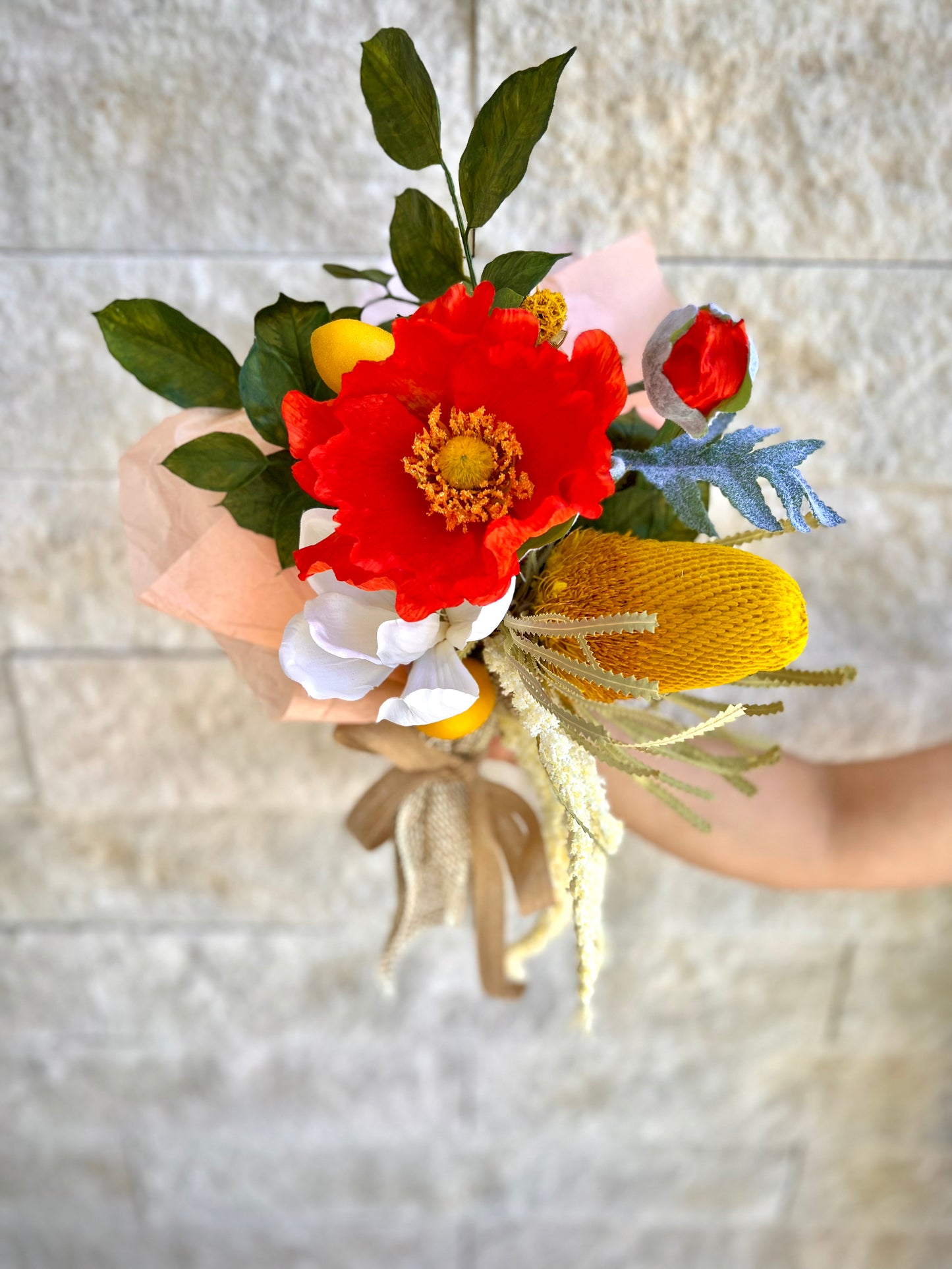 Hand-Tied Poppy Faux and Preserved Bouquet
